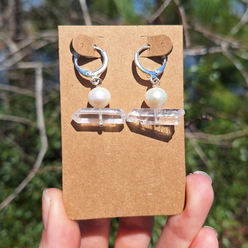 Pearl & Clear Quartz Dangle Earrings - Silver Hoops